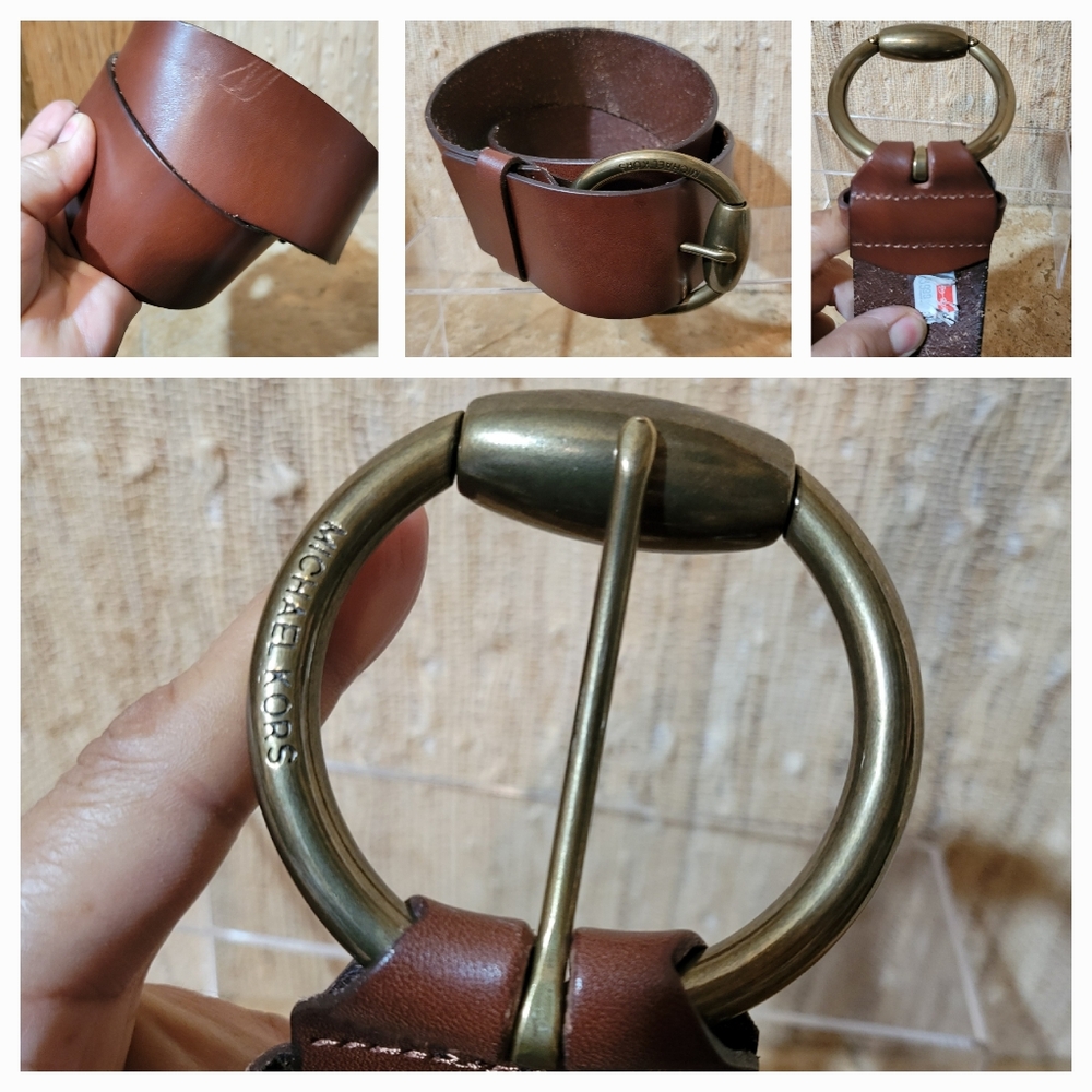 Vtg Michael Kors Wide Brown Leather Lrg Brass Buckle Belt Women's XS - Picture 2 of 3